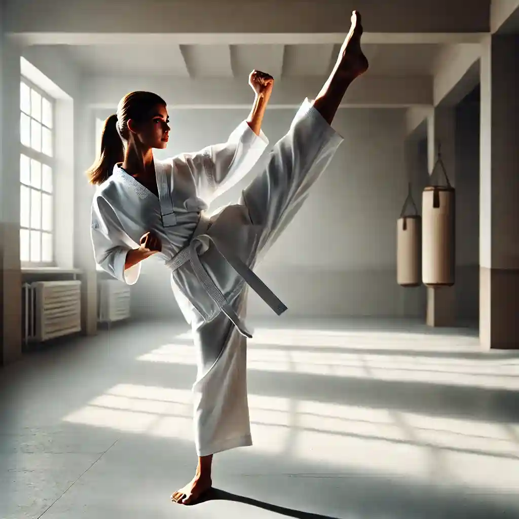 Frau im Kampfsportanzug zeigt einen kraftvollen Taekwon-Do High-Kick in einem hellen Training, verkörpert Stärke und Selbstbewusstsein.