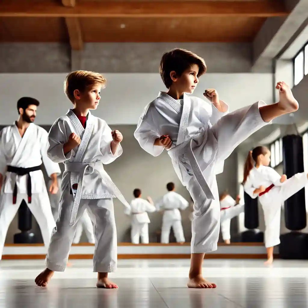📌 „Zwei Kinder in weißen Taekwon-Do-Anzügen üben konzentriert Kicks und Stände in einem hellen Dojo unter der Anleitung eines Trainers.“