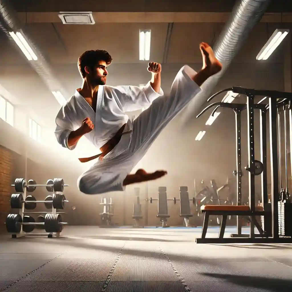👉 „Taekwon-Do Kämpfer im weißen Dobok führt einen kraftvollen Sprungkick im Dojo aus, während im Hintergrund ein Fitnessstudio sichtbar ist.“
