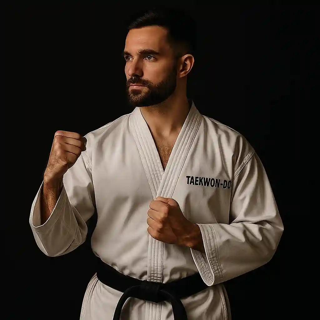 Taekwon-Do-Lehrer in traditionellem Taekwon-Do Dobok demonstriert Respekt-Geste vor dunklem Hintergrund