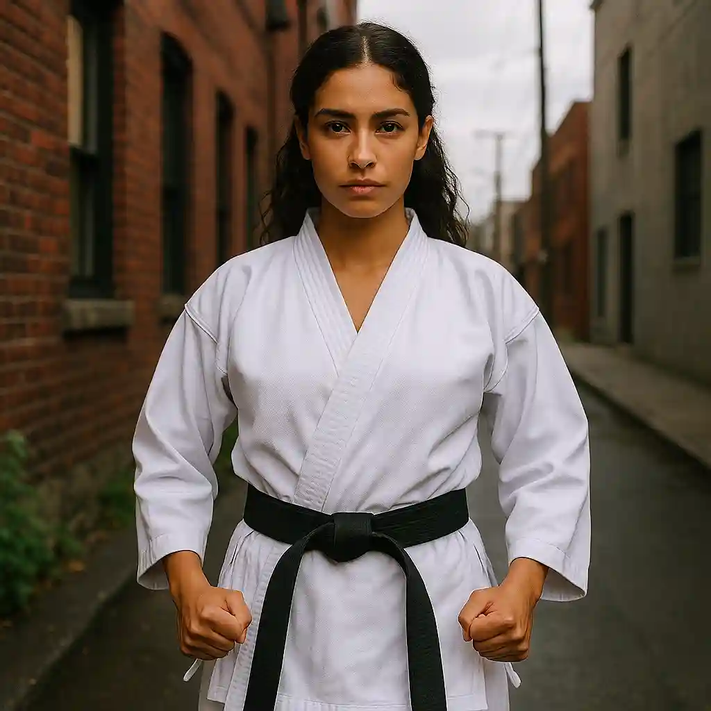 Taekwon-Do-Anfängerin im traditionellen Taekwon-Do Dobok trainiert fokussiert in urbaner Umgebung während ihrer ersten 30 Tage.