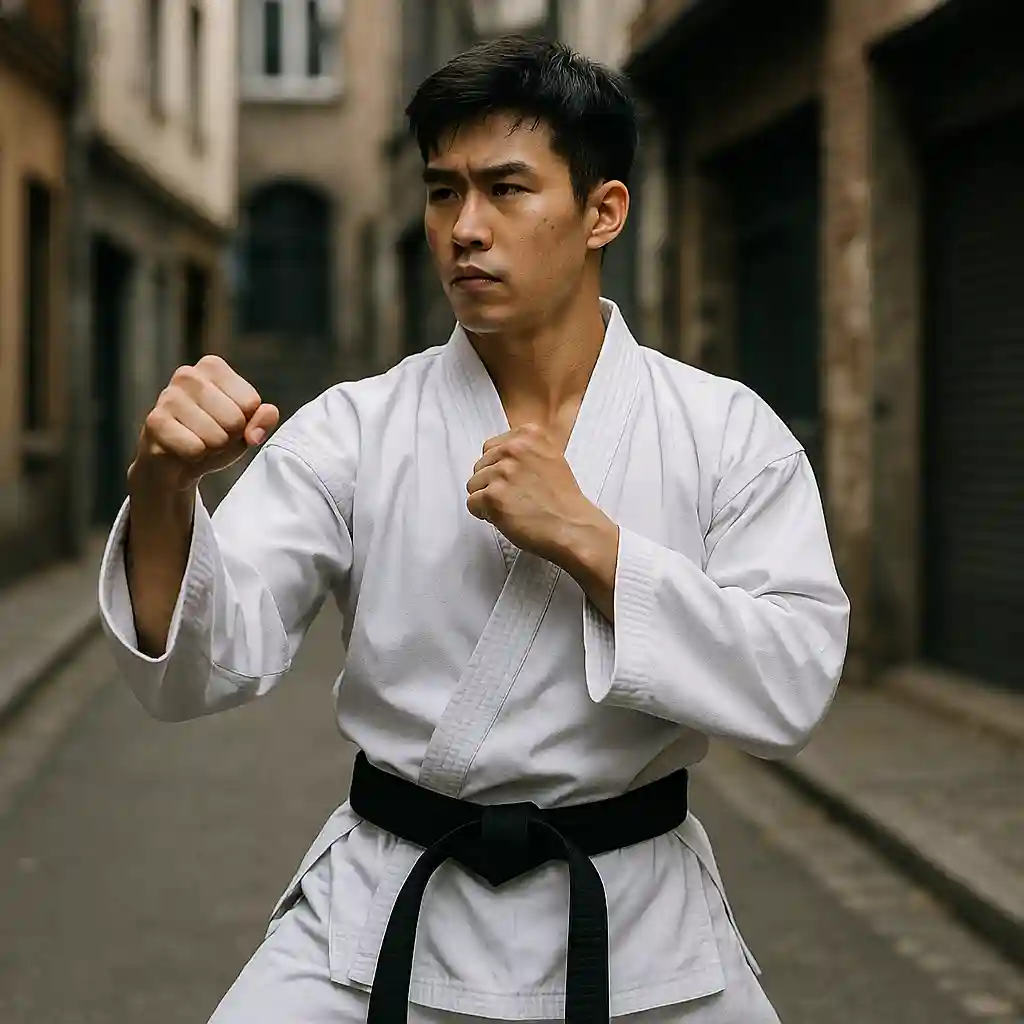 Taekwon-Do Schüler trainiert in urbaner Umgebung und stärkt Selbstbewusstsein gegen Angst und Unsicherheit.