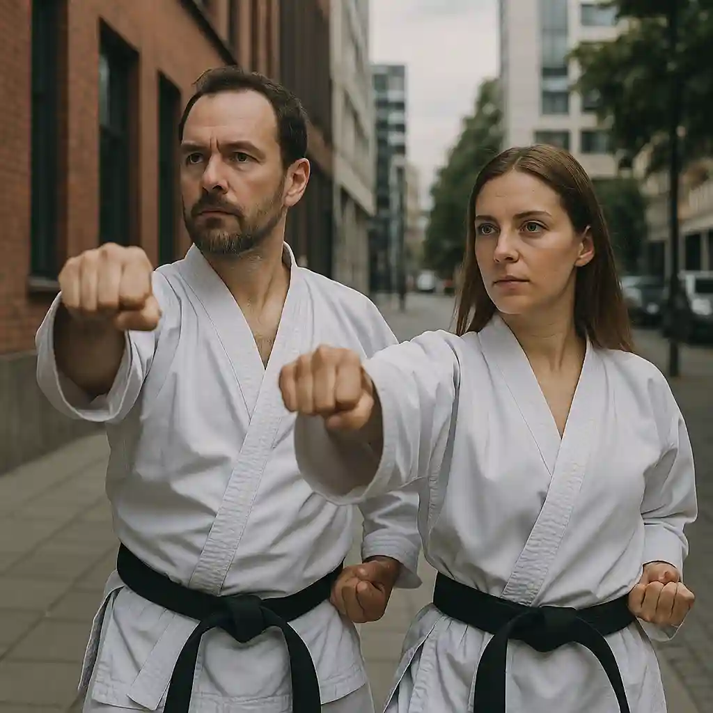 Zwei Taekwon-Do-Praktizierende im traditionellen Taekwon-Do Dobok trainieren in urbaner Umgebung und zeigen eine starke Vorwärtsstoßtechnik.